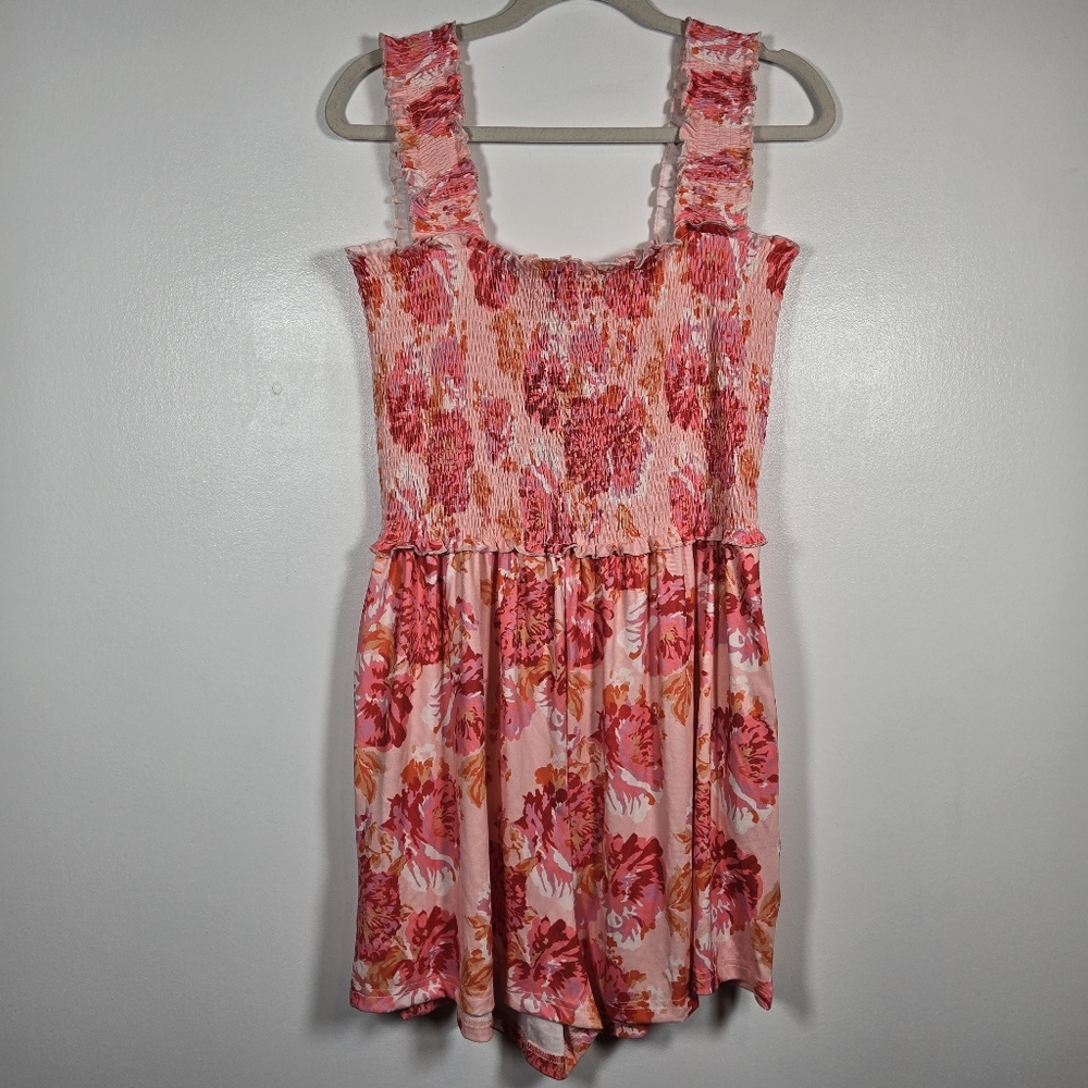 NEW Deep Self Pink Floral Smocked Sleeveless Romper w/ Pockets Size XL